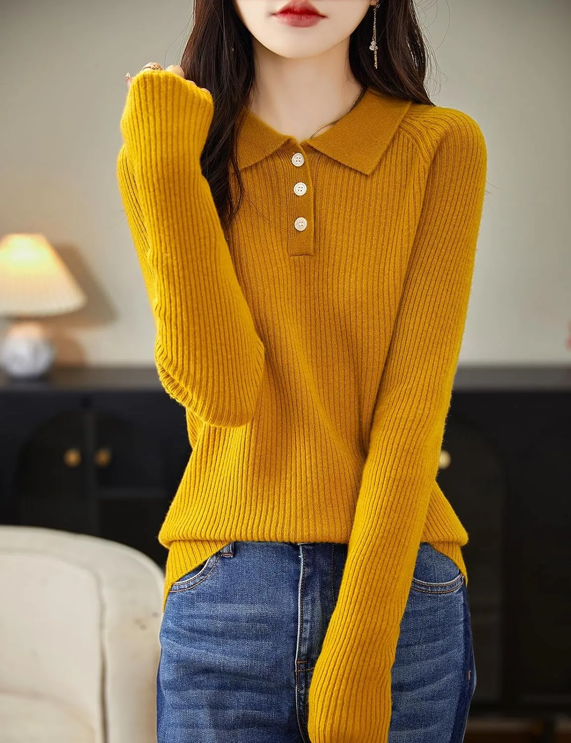 Women's 100% Merino Wool Sweater 2025 Fall Winter Polo Neck Long Sleeve Warm Soft Knit Pulover Sweater