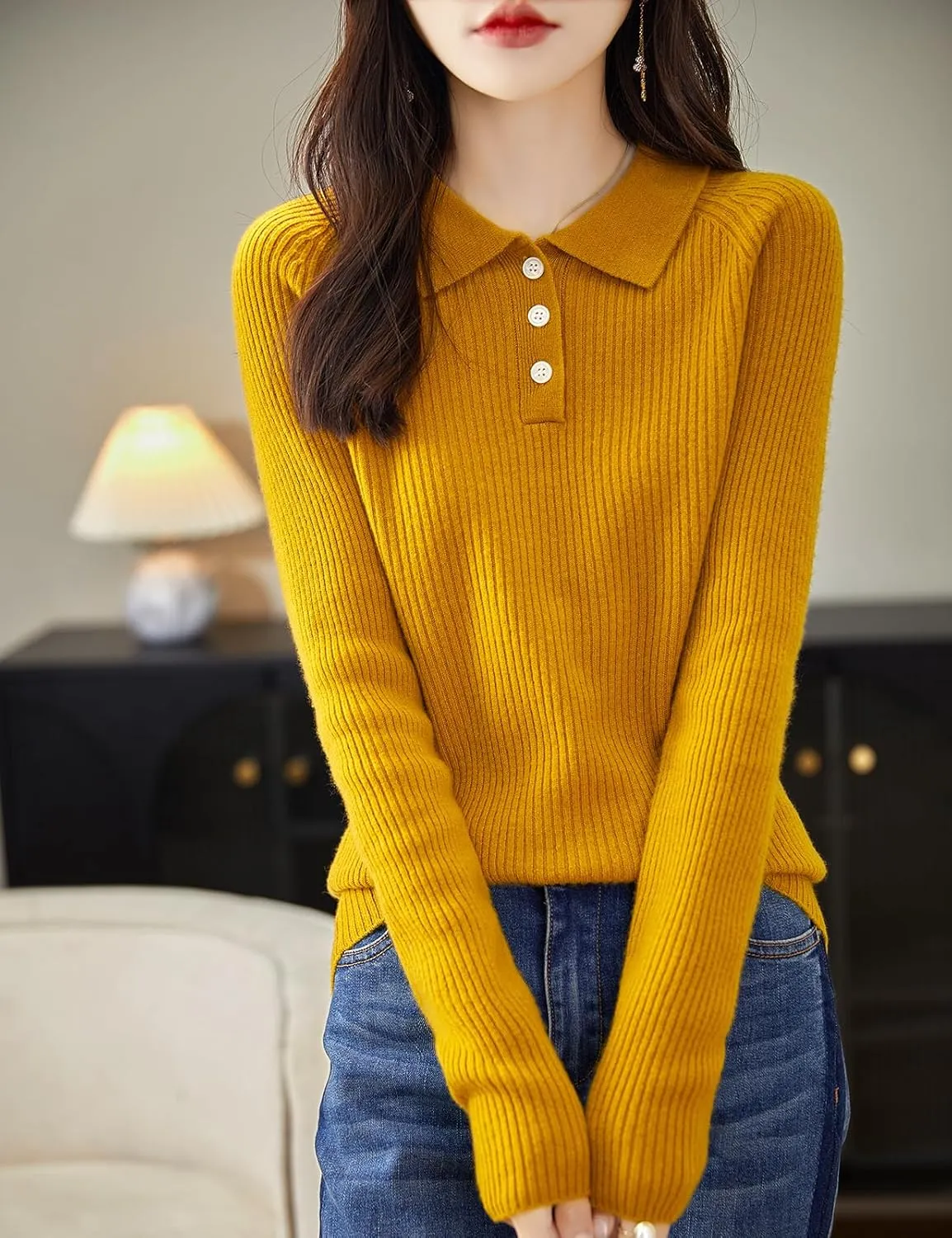 Women's 100% Merino Wool Sweater 2025 Fall Winter Polo Neck Long Sleeve Warm Soft Knit Pulover Sweater
