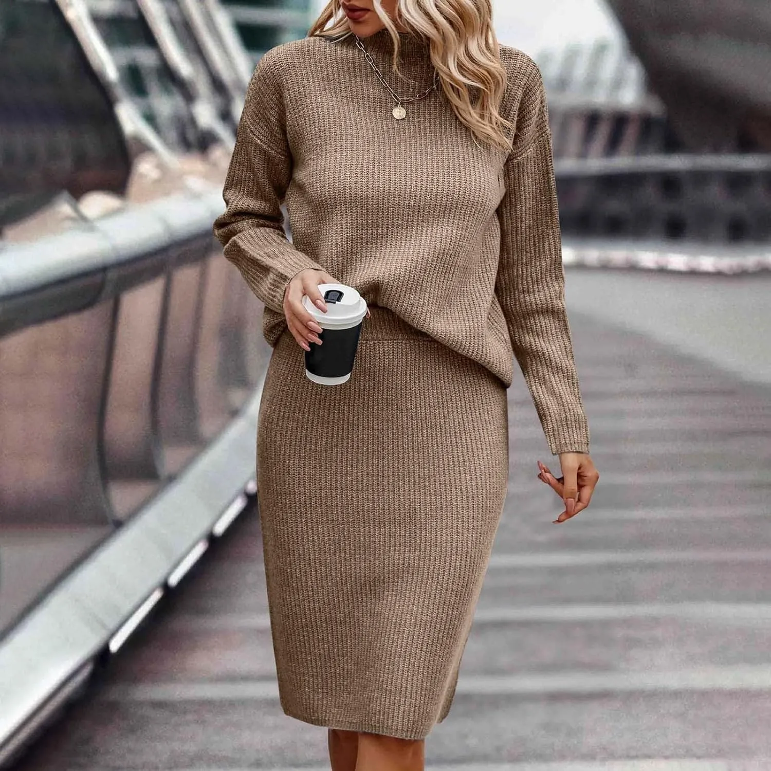 Womens 2023 Fall Two Piece Outfits Ribbed Knit Long Sleeve Pullover Sweater and Midi Skirt Sets Solid Color Loungewear