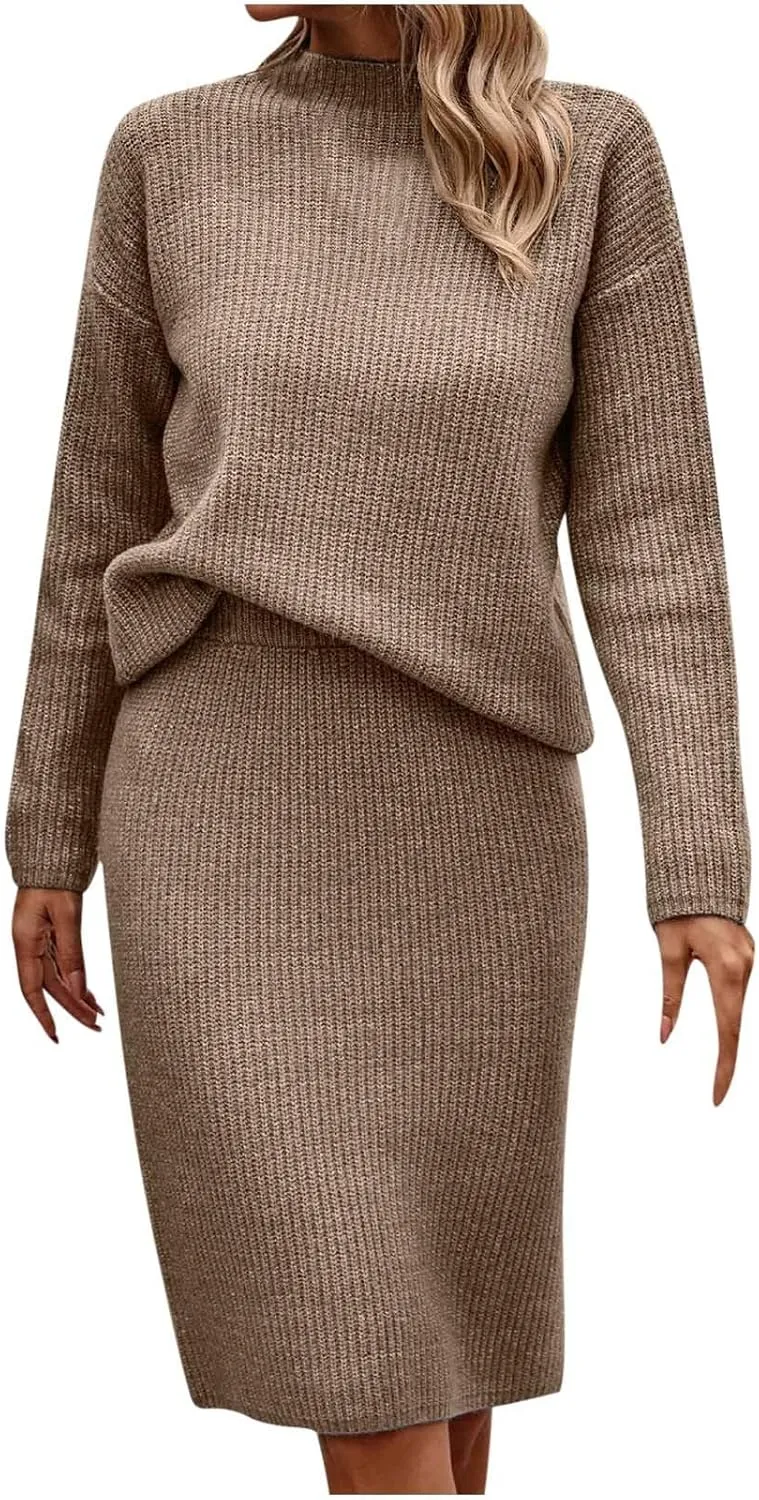 Womens 2023 Fall Two Piece Outfits Ribbed Knit Long Sleeve Pullover Sweater and Midi Skirt Sets Solid Color Loungewear
