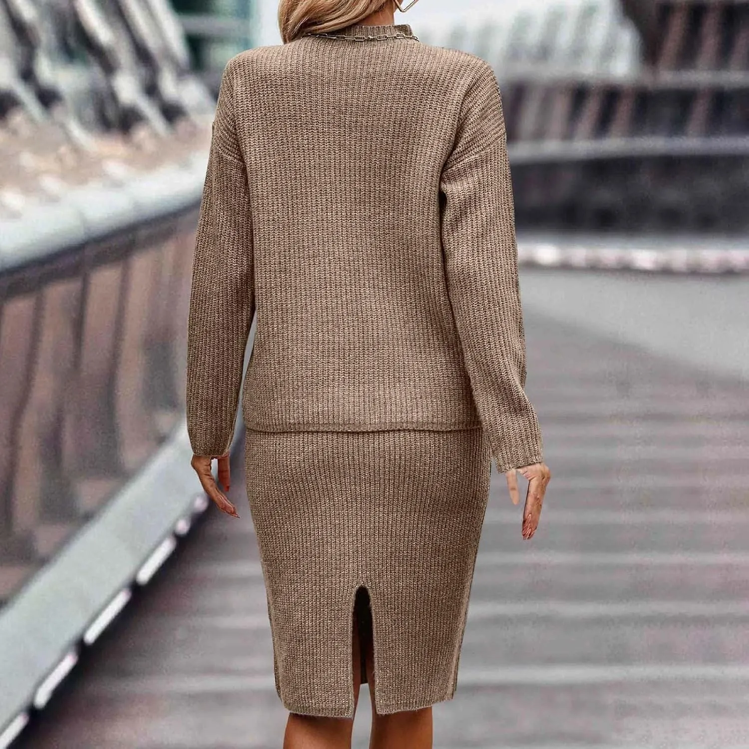 Womens 2023 Fall Two Piece Outfits Ribbed Knit Long Sleeve Pullover Sweater and Midi Skirt Sets Solid Color Loungewear