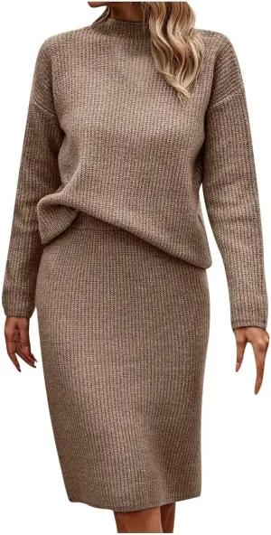 Womens 2023 Fall Two Piece Outfits Ribbed Knit Long Sleeve Pullover Sweater and Midi Skirt Sets Solid Color Loungewear