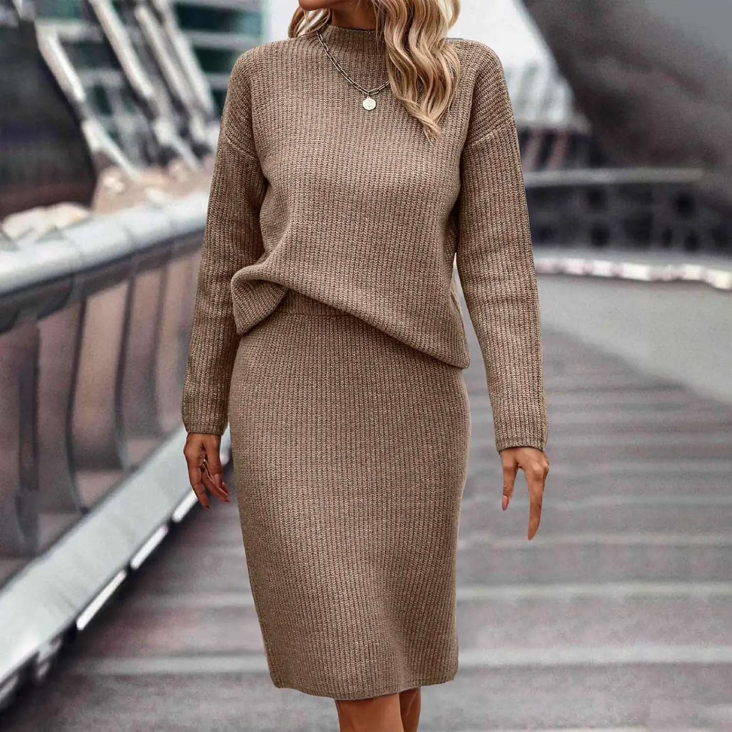 Womens 2023 Fall Two Piece Outfits Ribbed Knit Long Sleeve Pullover Sweater and Midi Skirt Sets Solid Color Loungewear