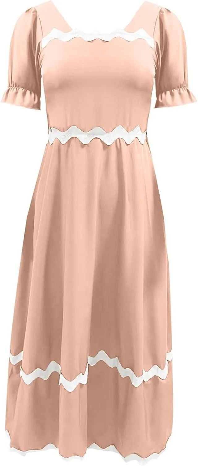 Women's 2024 Summer Square Neck Short Puff Sleeve Dress Casual RIC Rac Tie Back Smocked A Line Womens Wrap Dress