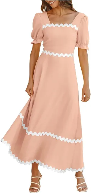 Women's 2024 Summer Square Neck Short Puff Sleeve Dress Casual RIC Rac Tie Back Smocked A Line Womens Wrap Dress