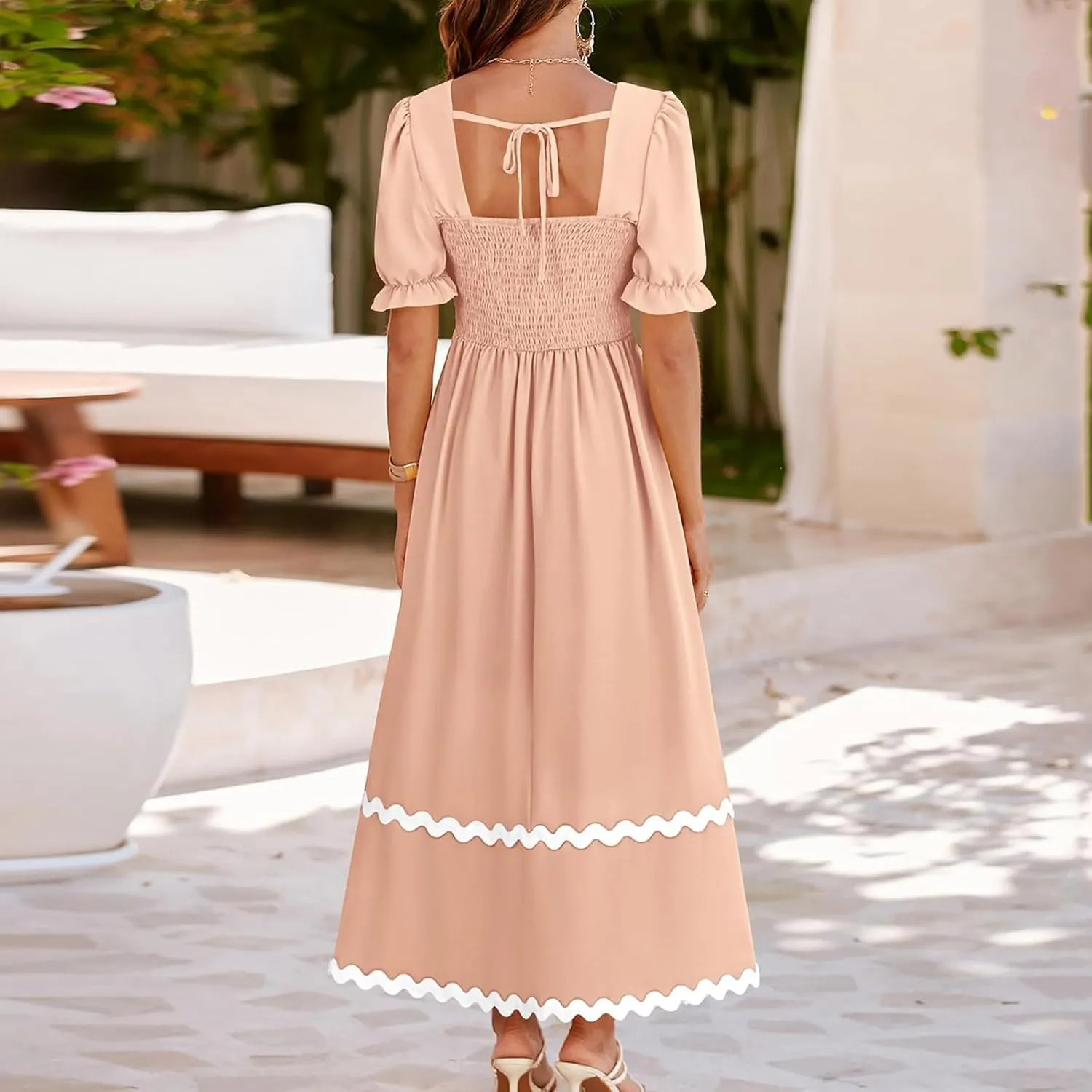 Women's 2024 Summer Square Neck Short Puff Sleeve Dress Casual RIC Rac Tie Back Smocked A Line Womens Wrap Dress