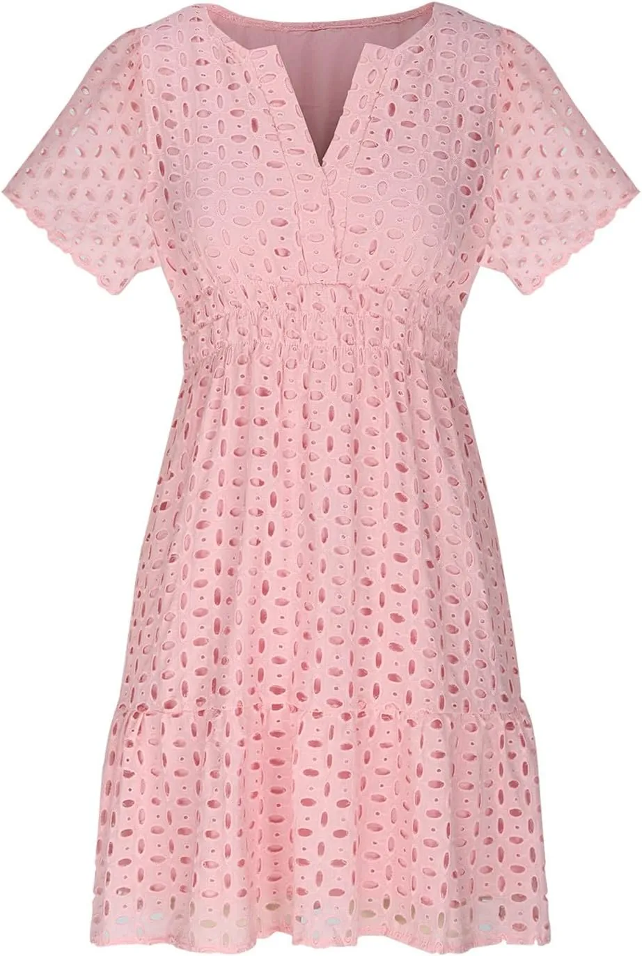 Womens 2024 Summer V Neck Mini Dress Casual Short Sleeve A Line Hollow Out Lace Ruffle Hem Cute Sundress