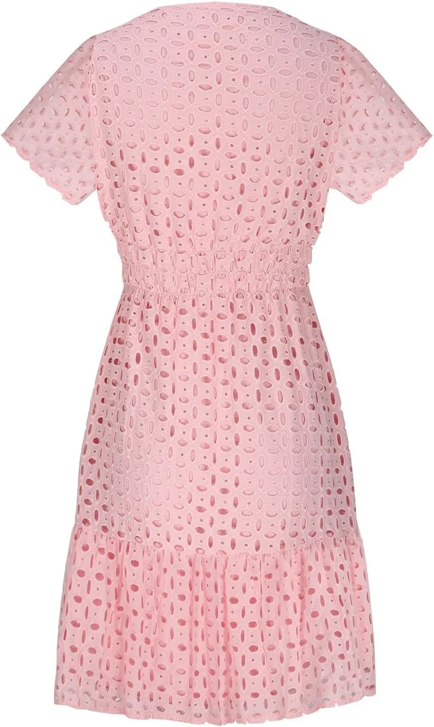 Womens 2024 Summer V Neck Mini Dress Casual Short Sleeve A Line Hollow Out Lace Ruffle Hem Cute Sundress
