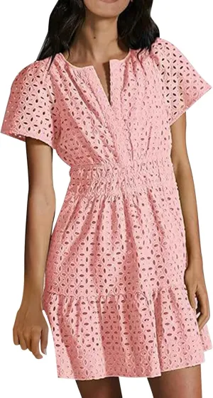 Womens 2024 Summer V Neck Mini Dress Casual Short Sleeve A Line Hollow Out Lace Ruffle Hem Cute Sundress