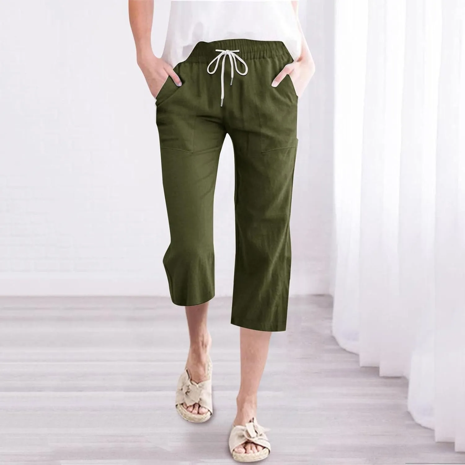 Womens 2025 Summer Capri Pants Cotton Linen Straight Leg Cropped Trousers High Waist Shorts Casual Pant with Pockets