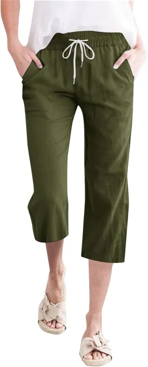 Womens 2025 Summer Capri Pants Cotton Linen Straight Leg Cropped Trousers High Waist Shorts Casual Pant with Pockets