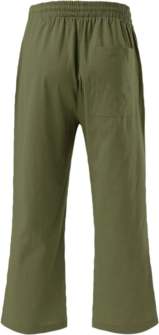 Womens 2025 Summer Capri Pants Cotton Linen Straight Leg Cropped Trousers High Waist Shorts Casual Pant with Pockets