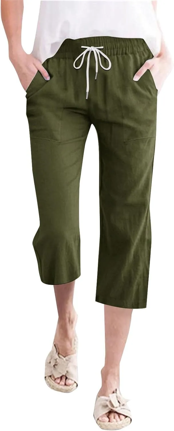 Womens 2025 Summer Capri Pants Cotton Linen Straight Leg Cropped Trousers High Waist Shorts Casual Pant with Pockets