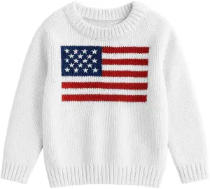 Women's American Flag Pattern Long Sleeve Lightweight Round Neck Sweater Casual Loose Pullover Sweater