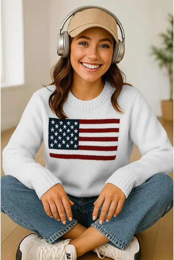 Women's American Flag Pattern Long Sleeve Lightweight Round Neck Sweater Casual Loose Pullover Sweater