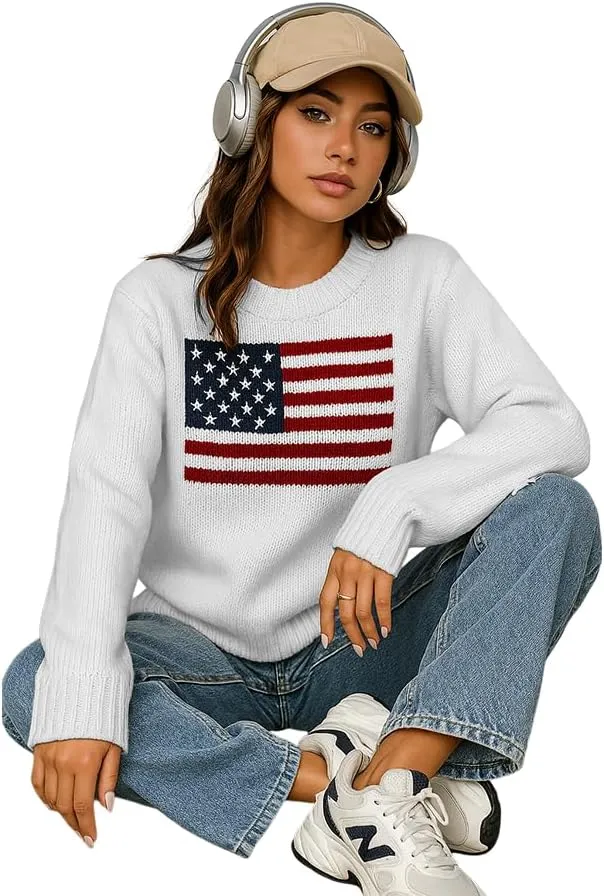 Women's American Flag Pattern Long Sleeve Lightweight Round Neck Sweater Casual Loose Pullover Sweater