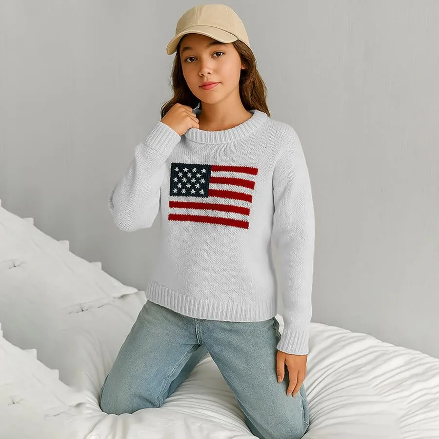 Women's American Flag Pattern Long Sleeve Lightweight Round Neck Sweater Casual Loose Pullover Sweater