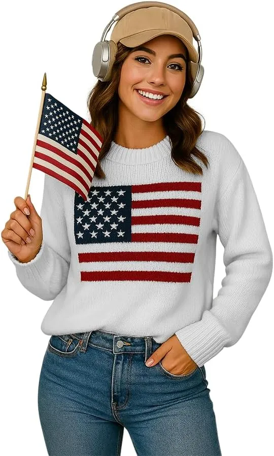 Women's American Flag Pattern Long Sleeve Lightweight Round Neck Sweater Casual Loose Pullover Sweater