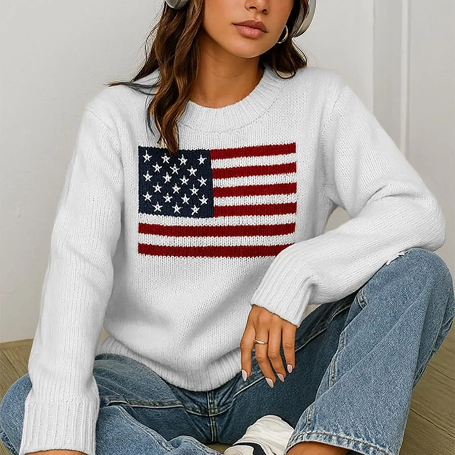 Women's American Flag Pattern Long Sleeve Lightweight Round Neck Sweater Casual Loose Pullover Sweater