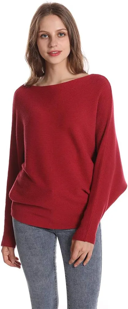 Women's Batwing Sleeves Sweater Solid Boat Neck Knit Pullover Dolman Sweater Tops for Women