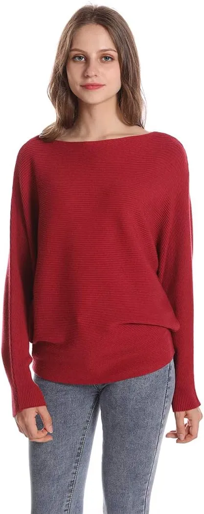 Women's Batwing Sleeves Sweater Solid Boat Neck Knit Pullover Dolman Sweater Tops for Women