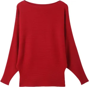 Women's Batwing Sleeves Sweater Solid Boat Neck Knit Pullover Dolman Sweater Tops for Women