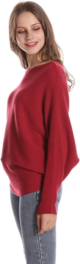 Women's Batwing Sleeves Sweater Solid Boat Neck Knit Pullover Dolman Sweater Tops for Women