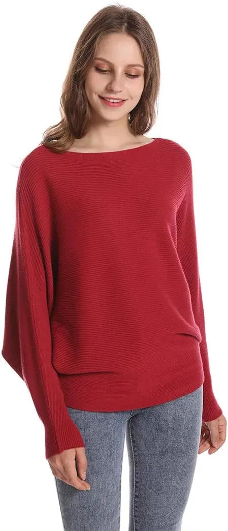 Women's Batwing Sleeves Sweater Solid Boat Neck Knit Pullover Dolman Sweater Tops for Women
