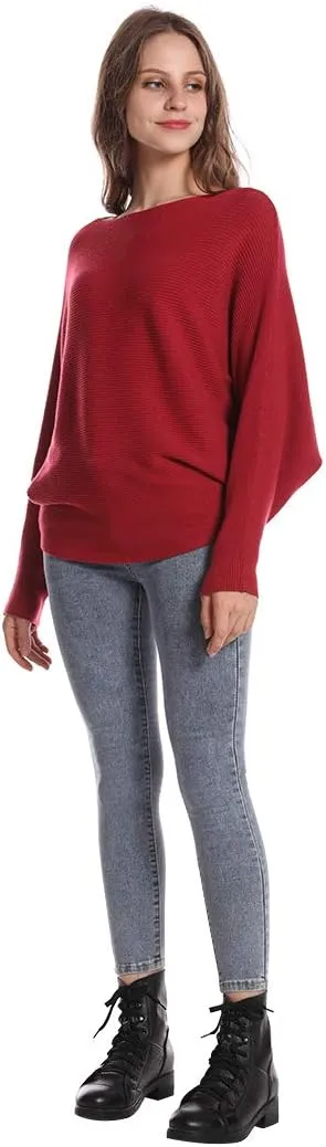 Women's Batwing Sleeves Sweater Solid Boat Neck Knit Pullover Dolman Sweater Tops for Women