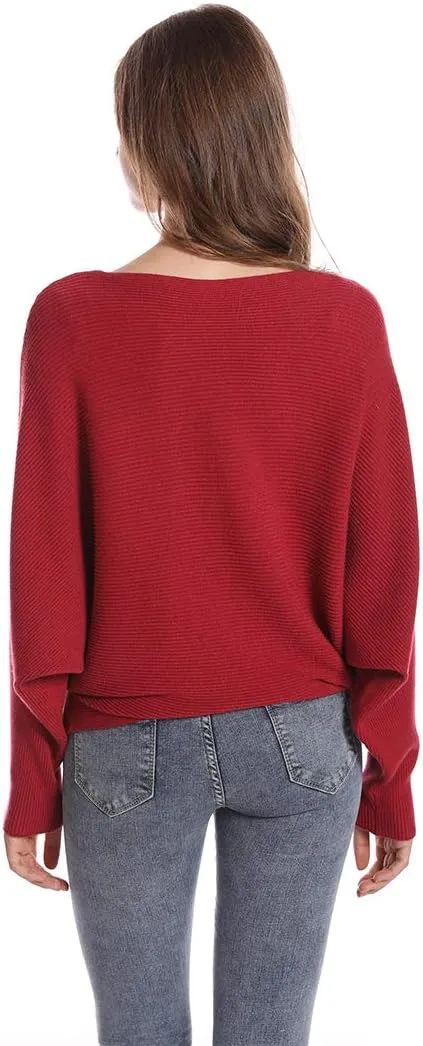 Women's Batwing Sleeves Sweater Solid Boat Neck Knit Pullover Dolman Sweater Tops for Women