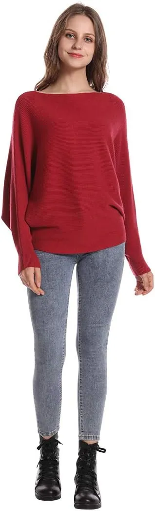 Women's Batwing Sleeves Sweater Solid Boat Neck Knit Pullover Dolman Sweater Tops for Women