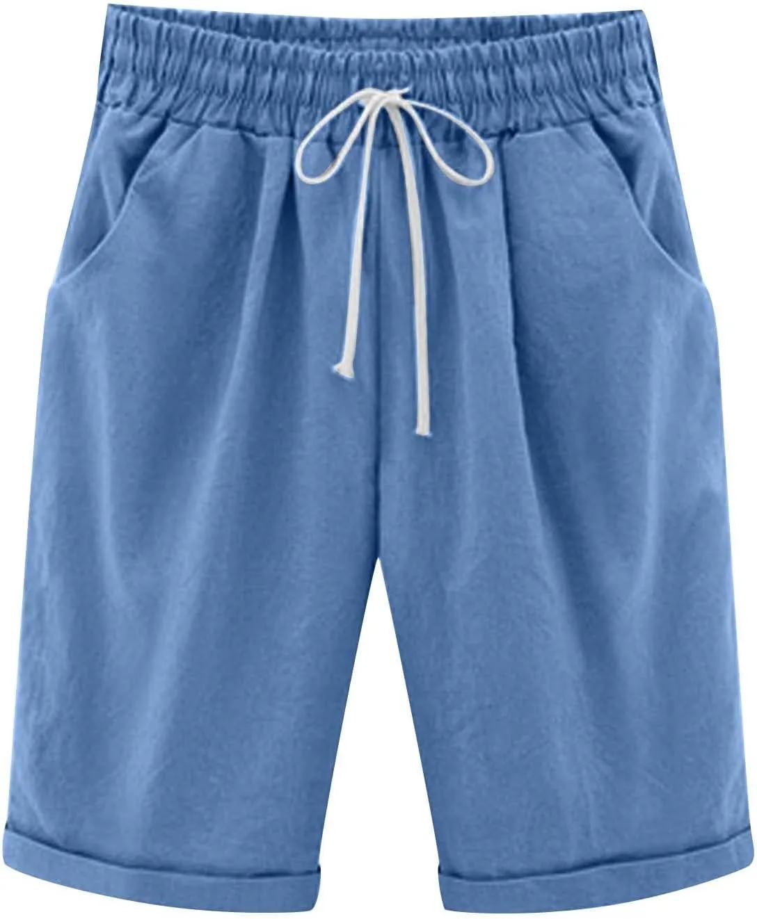 Womens Bermuda Shorts Summer Linen Knee Length Wide Leg Shorts Baggy Comfy High Waist Solid Short Pants with Pockets