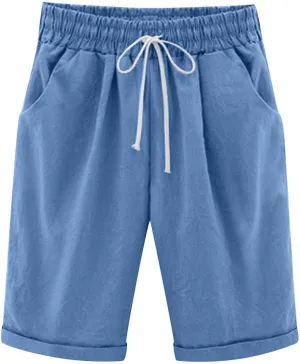 Womens Bermuda Shorts Summer Linen Knee Length Wide Leg Shorts Baggy Comfy High Waist Solid Short Pants with Pockets