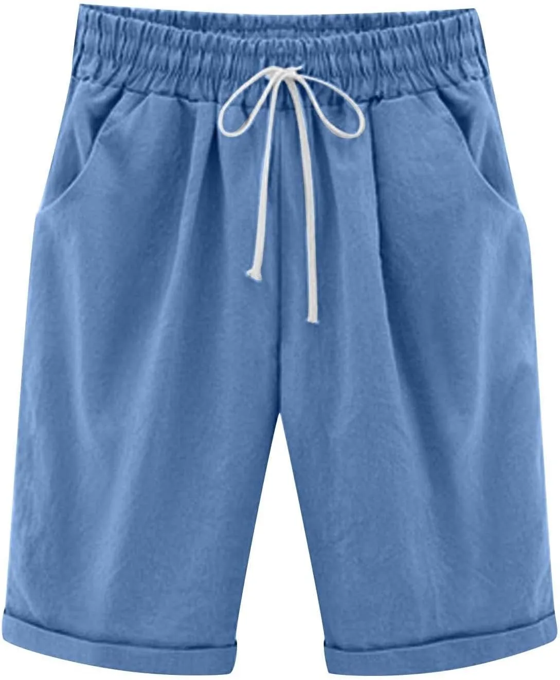 Womens Bermuda Shorts Summer Linen Knee Length Wide Leg Shorts Baggy Comfy High Waist Solid Short Pants with Pockets