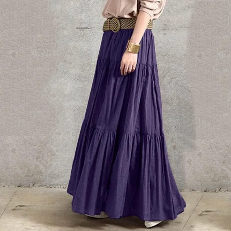 Women's Bohemian Cotton Linen Maxi Skirt Summer Flowy Casual Elastic Waist Tiered Beach Vacation Long Skirt