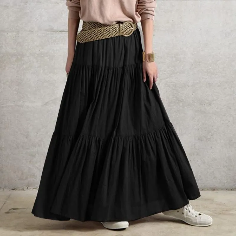 Women's Bohemian Cotton Linen Maxi Skirt Summer Flowy Casual Elastic Waist Tiered Beach Vacation Long Skirt