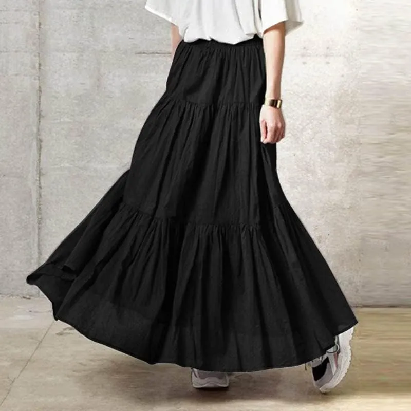Women's Bohemian Cotton Linen Maxi Skirt Summer Flowy Casual Elastic Waist Tiered Beach Vacation Long Skirt