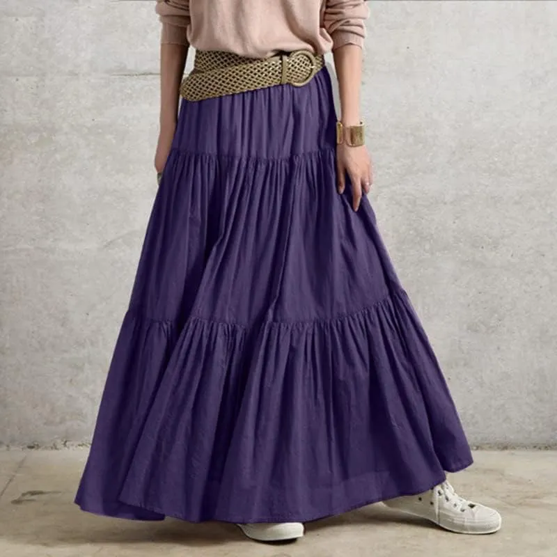 Women's Bohemian Cotton Linen Maxi Skirt Summer Flowy Casual Elastic Waist Tiered Beach Vacation Long Skirt