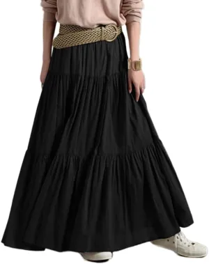 Women's Bohemian Cotton Linen Maxi Skirt Summer Flowy Casual Elastic Waist Tiered Beach Vacation Long Skirt