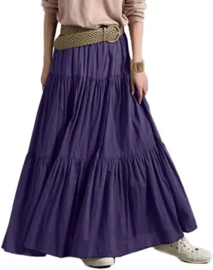 Women's Bohemian Cotton Linen Maxi Skirt Summer Flowy Casual Elastic Waist Tiered Beach Vacation Long Skirt