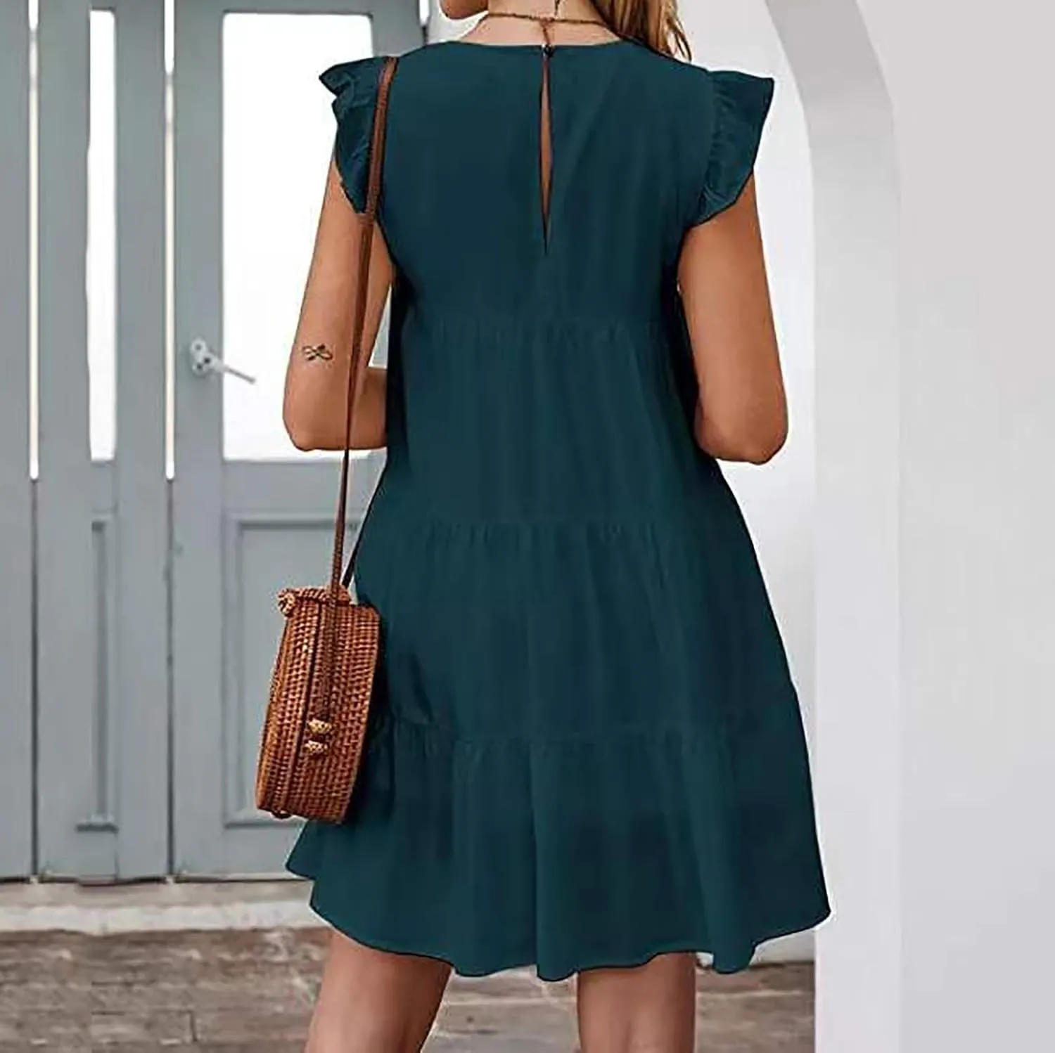 Womens Boho Solid Printed Dress Ruffle Sleeve Tiered Beach Dresses Loose Casual Flowy Swing Short Mini T-Shirt Dress