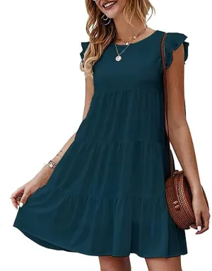 Womens Boho Solid Printed Dress Ruffle Sleeve Tiered Beach Dresses Loose Casual Flowy Swing Short Mini T-Shirt Dress