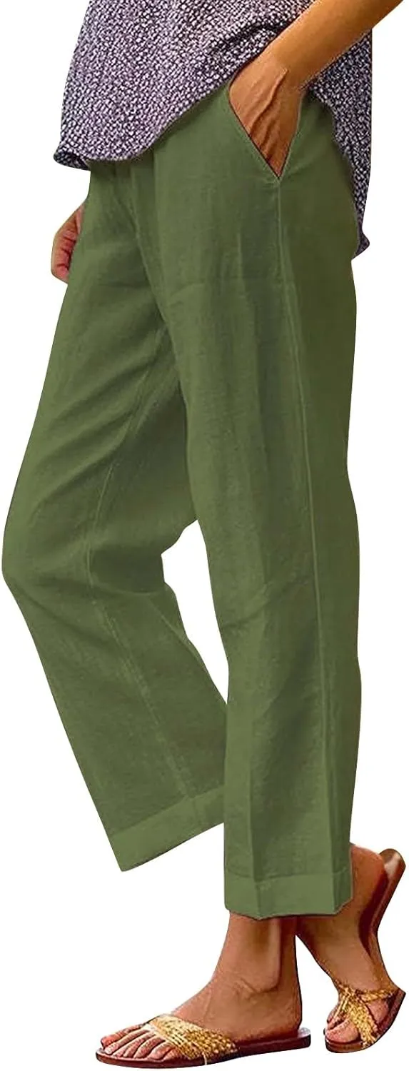Women's Capris Pants Casual Cotton Linen Straight Wide Leg Drawstring Elastic Waist Summer Baggy Trouser Buttons Trim