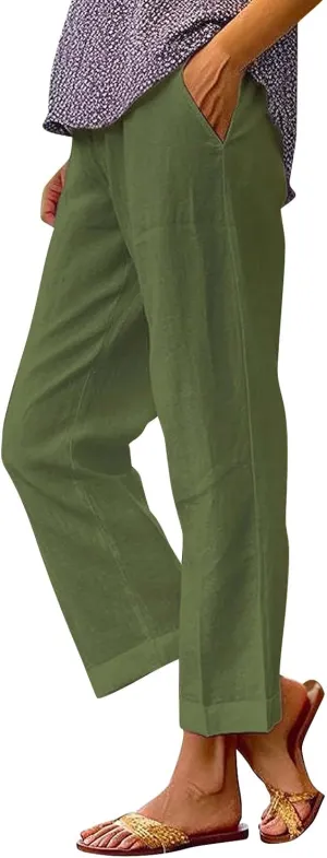 Women's Capris Pants Casual Cotton Linen Straight Wide Leg Drawstring Elastic Waist Summer Baggy Trouser Buttons Trim