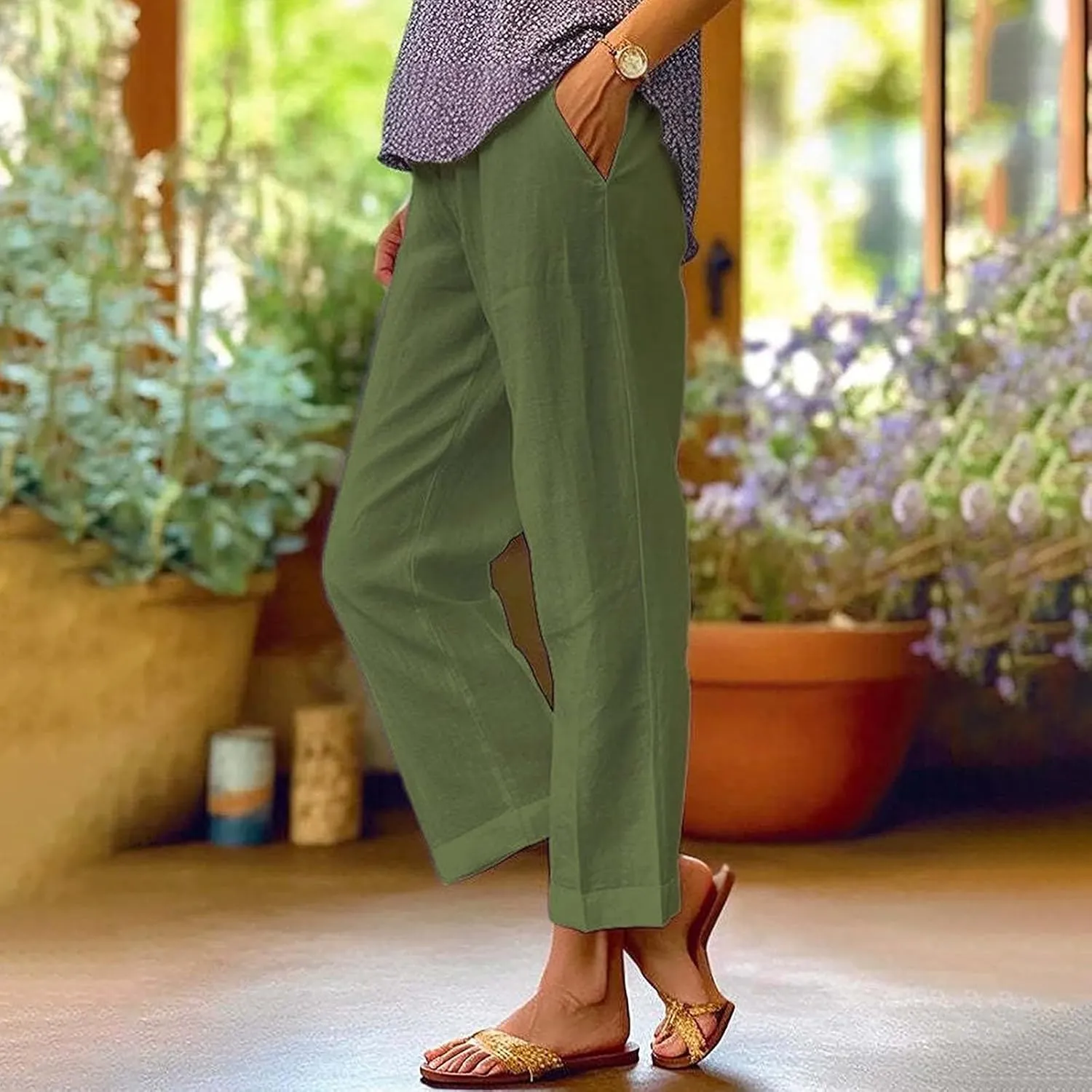 Women's Capris Pants Casual Cotton Linen Straight Wide Leg Drawstring Elastic Waist Summer Baggy Trouser Buttons Trim