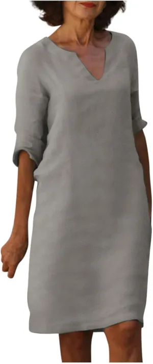 Women's Casual Dresses Summer Vintage Solid Color Print Cotton Linen Dress Fashion Casual V-Neck Half Sleeve Dress