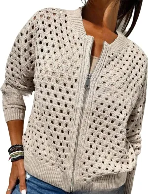 Women's Casual Hollow Knitwear Zipper Jacket, Crochet Fishnet Knit Shawl Sweater Jacket Lightweight Cardigan Sweater