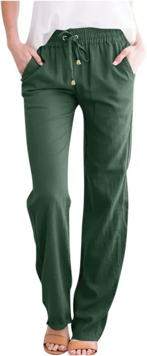 Womens Casual Linen High Waist Pants Drawstring Loose Fit 2025 Summer Beach Pants Trousers
