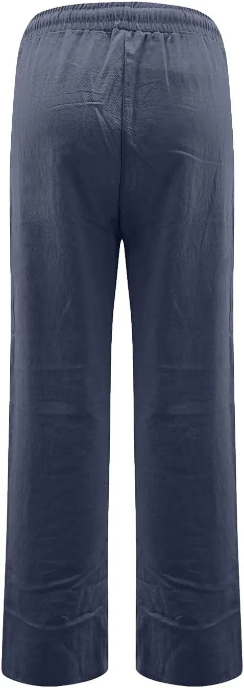 Womens Casual Linen High Waist Pants Drawstring Loose Fit 2025 Summer Beach Pants Trousers