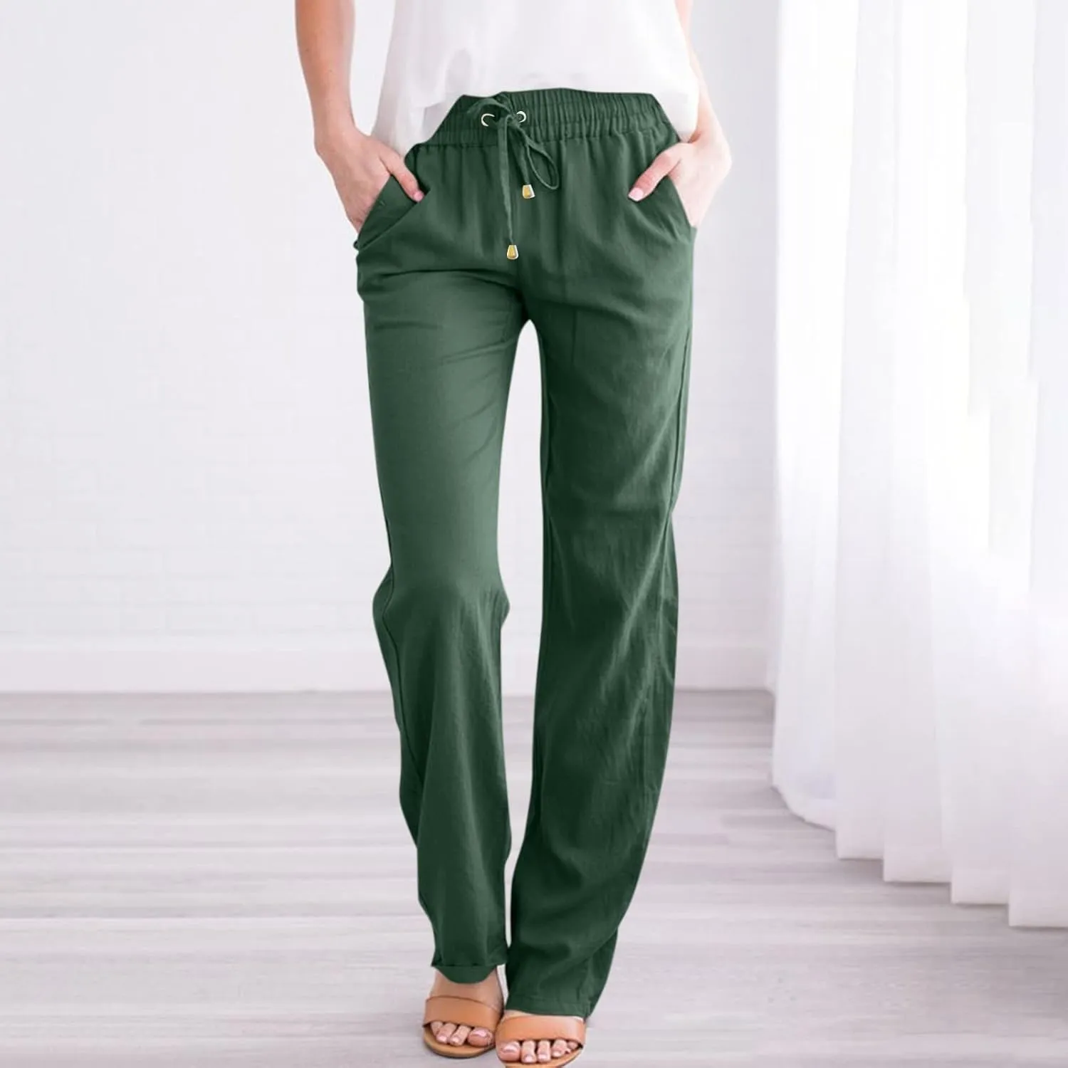 Womens Casual Linen High Waist Pants Drawstring Loose Fit 2025 Summer Beach Pants Trousers